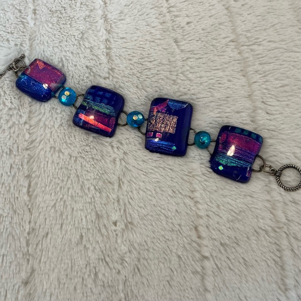 Artisan Made Dichroic Vibrant Glass Bracelet Fused Glass Squares Artsy Statement